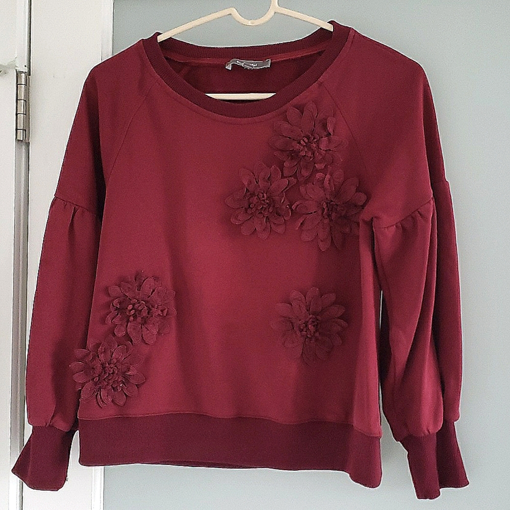 Unique Wine Colored Sweatshirt w/Floral Appliqués